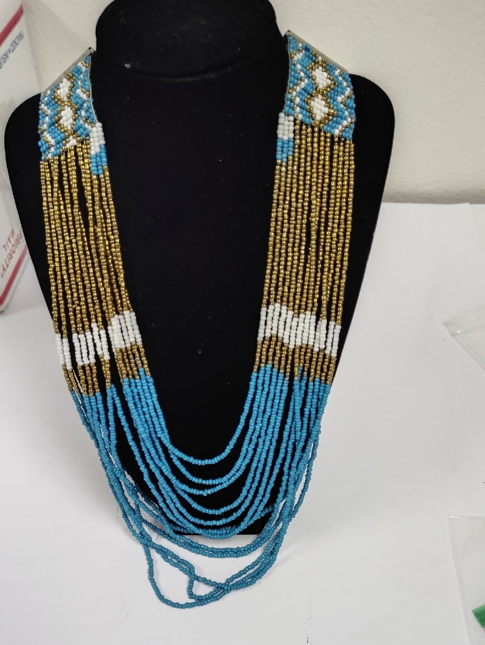 Handcrafted Blue & Gold Beaded Fringe Necklace